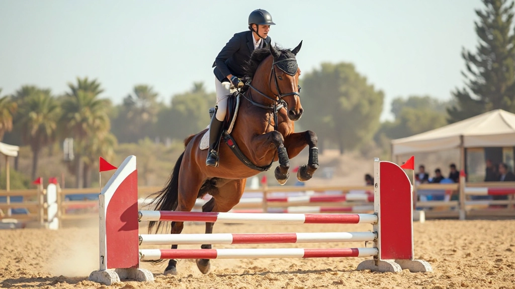 فارس محترف يقفز فوق حاجز أحمر وأبيض، يظهر انسجام تام بين الحصان والفارس في لحظة القفز