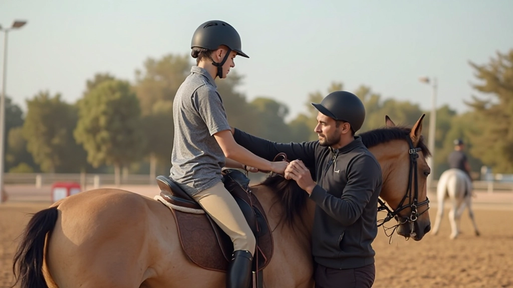 مدرب فروسية يساعد فارساً مبتدئاً على تصحيح موضعه على الحصان في حلبة تدريب