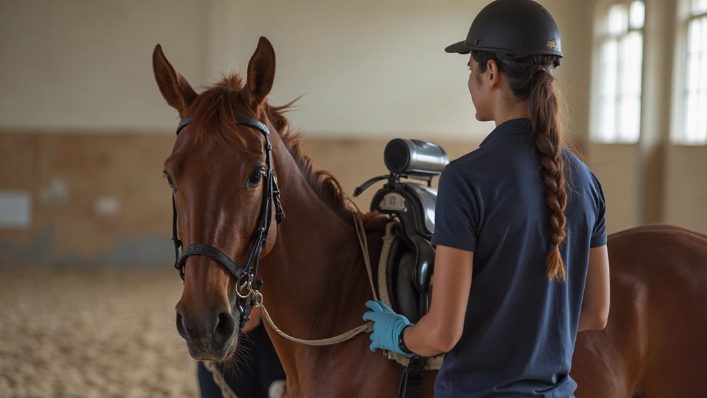 مدرب فروسية يساعد فارسة على ضبط معدات السرج والحزام بشكل صحيح