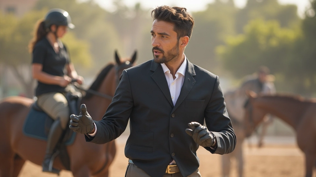 جلسة تدريبية في حلبة الفروسية المصرية مع مدرب متخصص يشرح تقنيات الركوب الأساسية للمتدربين