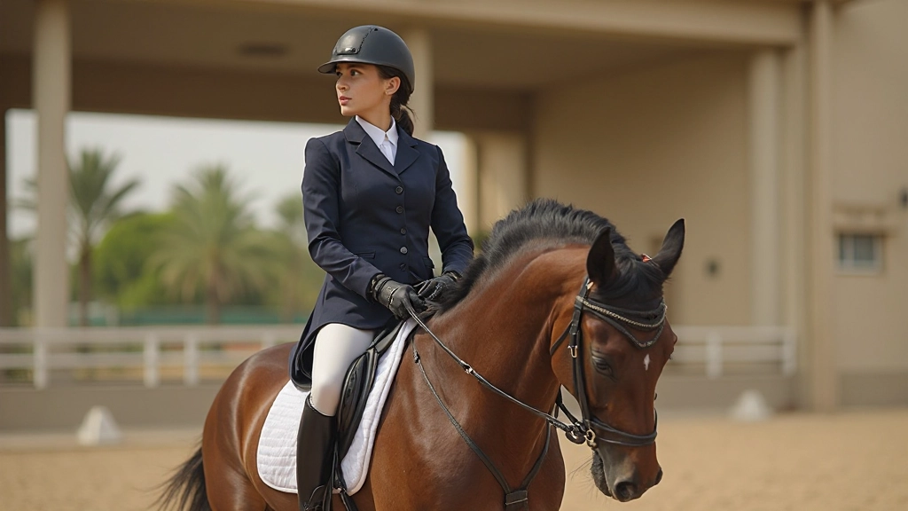 فارس محترف يظهر موضع توازن مثالي على الحصان مع تحكم كامل وثقة